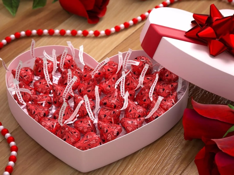 Heart Shape Box Filled With Chocolate Dipped Strawberry Hershey Kisses
