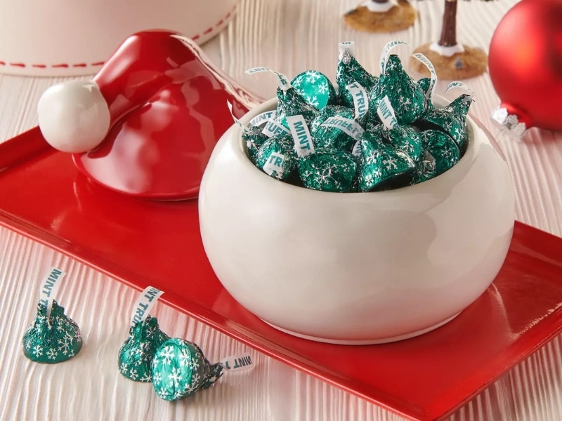 Cute White Ceramic Bowl Filled With Mint Truffle Hershey's Kisses