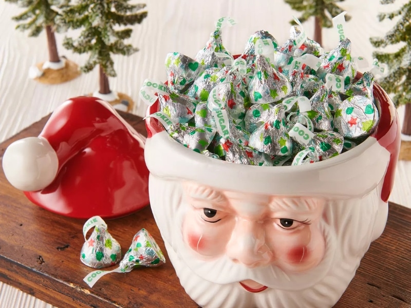 Hershey's Sugar Cookie White Cream Flavored Kisses on a Cute Santa Vase