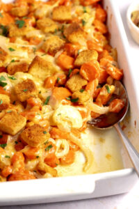 Homemade Carrot Casserole with Cheddar Cheese and Croutons