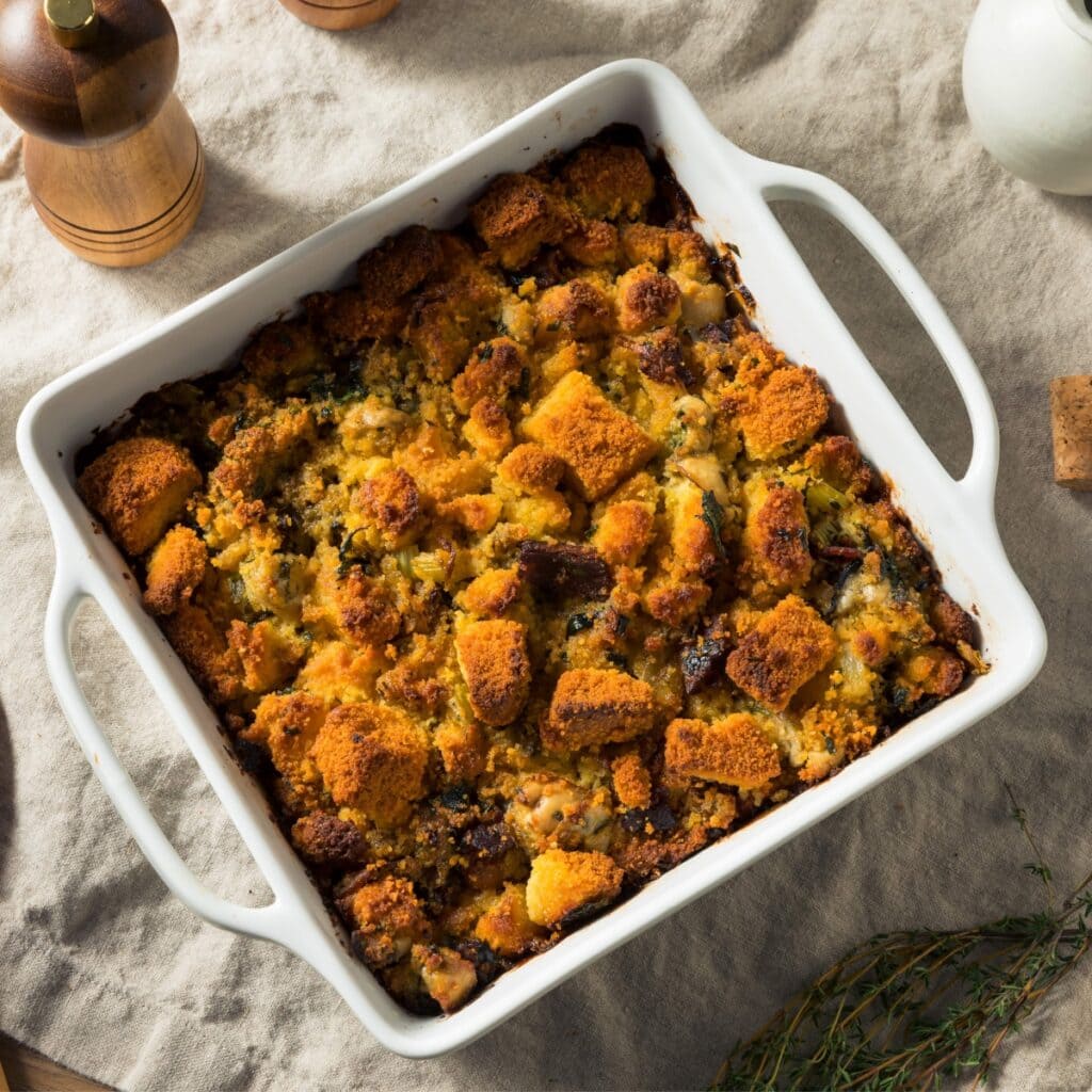 Stuffing vs. Dressing-The Main Differences featuring Homemade Cornbread Stuffing in a White Casserole Dish