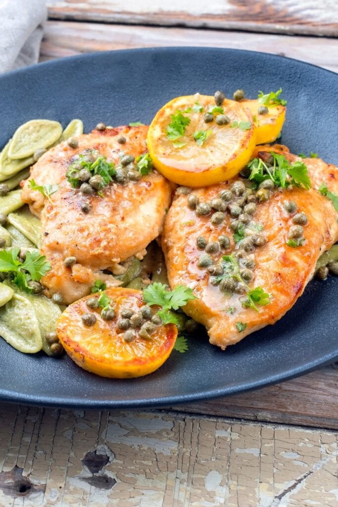 Homemade Deep Fried Thin-Sliced Chicken Piccata with Capers