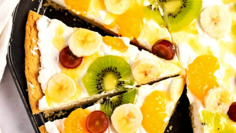 Homemade Fruit Pizza with Kiwi, Bananas, Grapes and Oranges