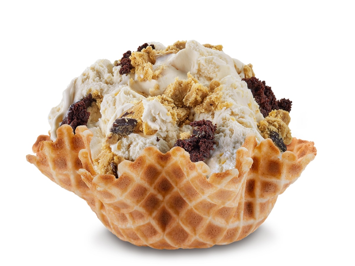 Cold Stone One Smart Brookie Flavor with Cookie Dough Ice Cream, Cookie Dough Pieces, and Brownies in a Waffle Bowl