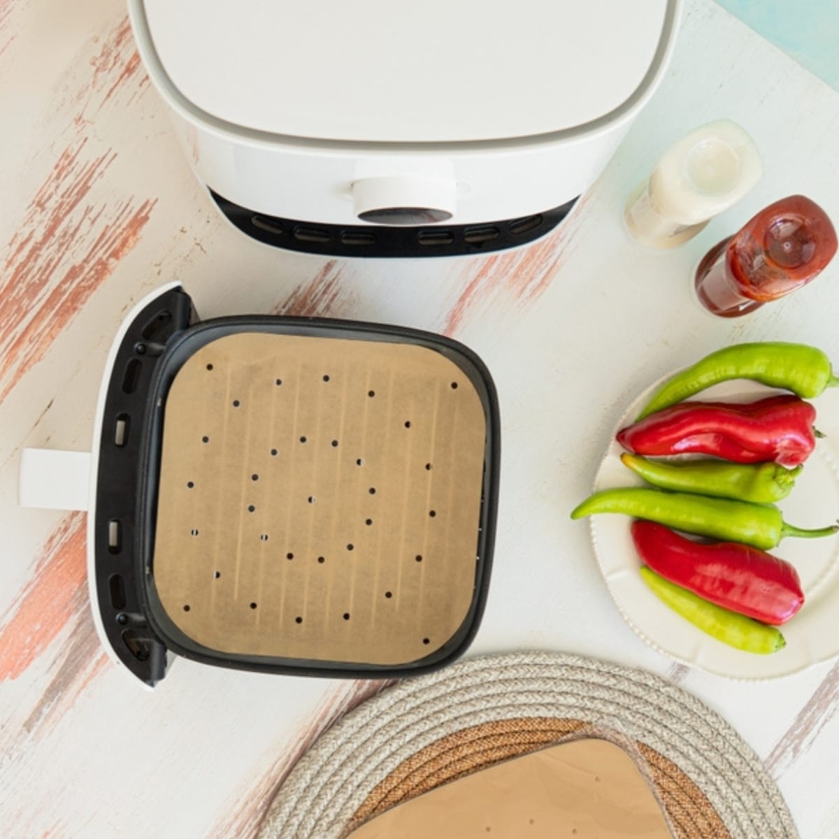 Air Fryer With Parchment Paper, Fresh Chiles and Sauce on Side