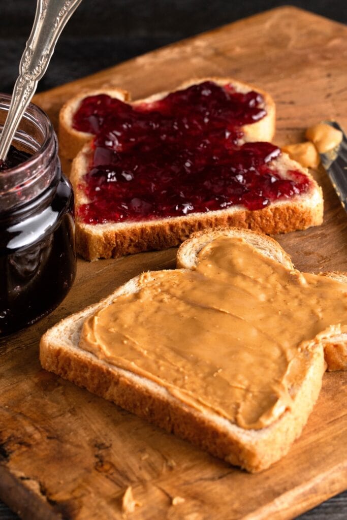 Peanut Butter and Jelly Sandwich on a chopping board