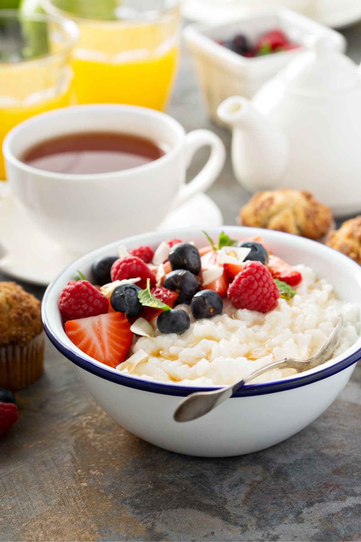 Rice Pudding with Fresh Berries in a White Bowl