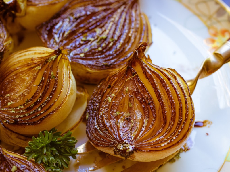 Rich Browned Golden Caramelized Balsamic Onions Roasted in the Oven