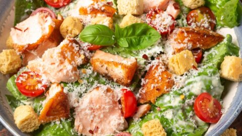 Salmon Caesar Salad with Croutons and Cherry Tomatoes