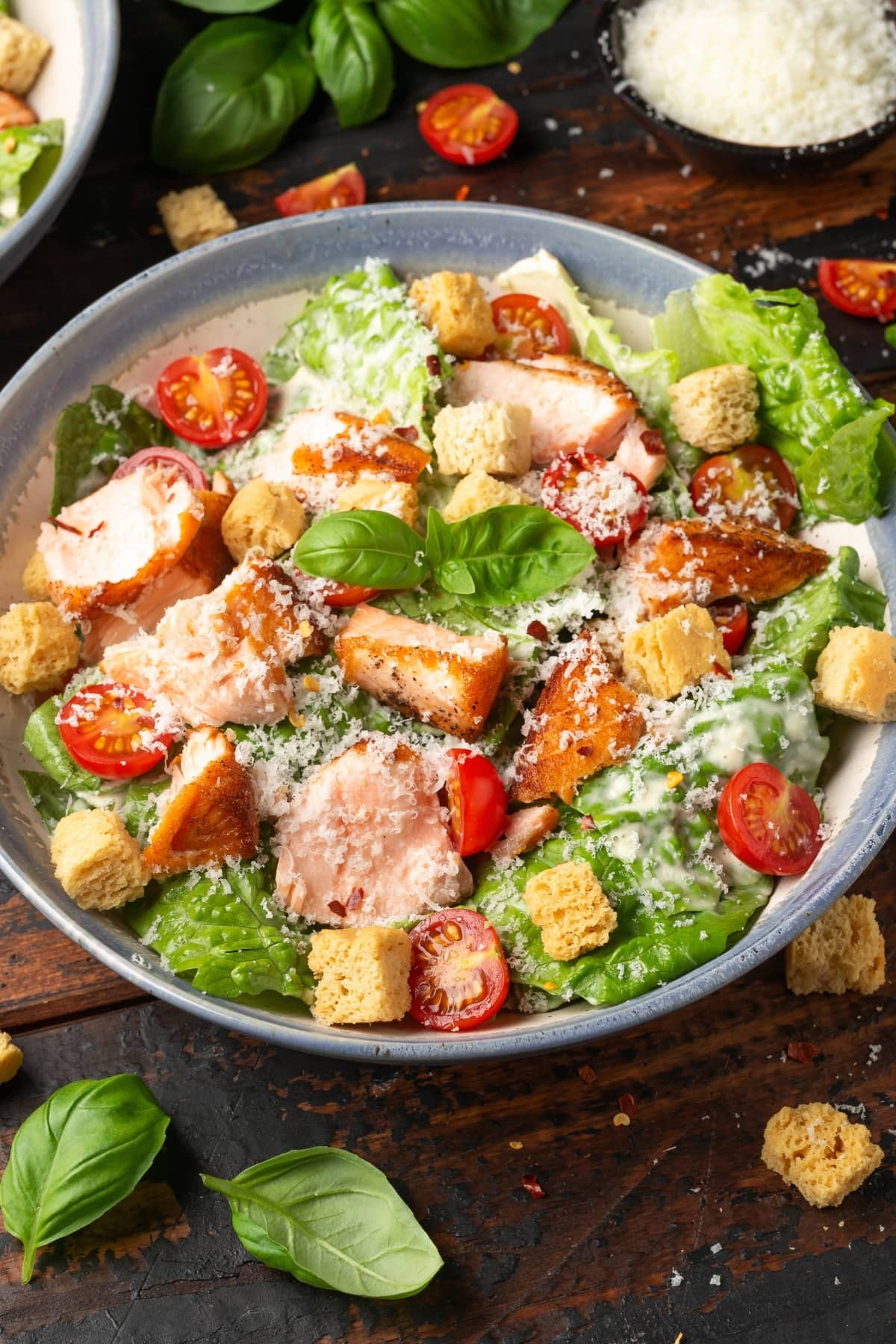 Salmon Caesar Salad with Croutons and Cherry Tomatoes