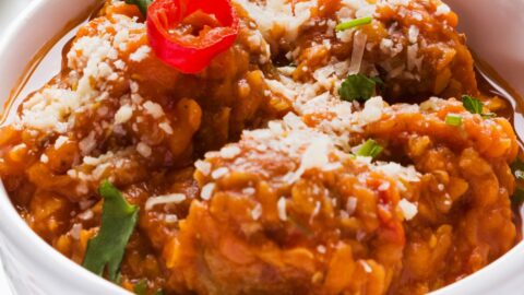 Spicy Lentil Meatballs Soup with Parmesan Cheese