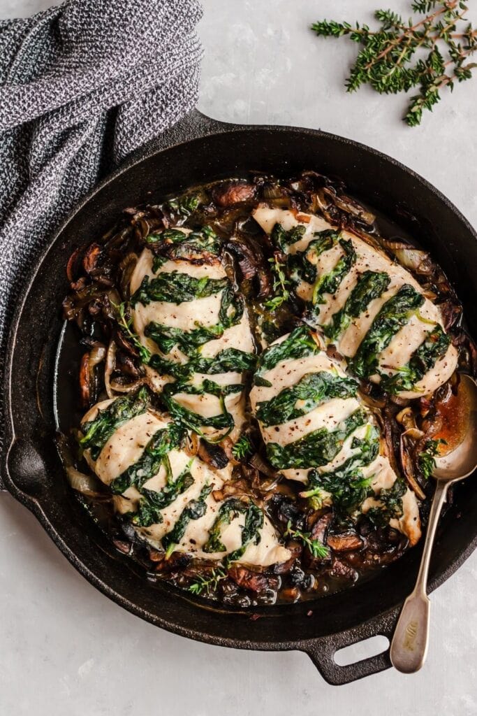 Goat Cheese & Spinach Stuffed Chicken Breast with Caramelized Onions + Mushrooms 