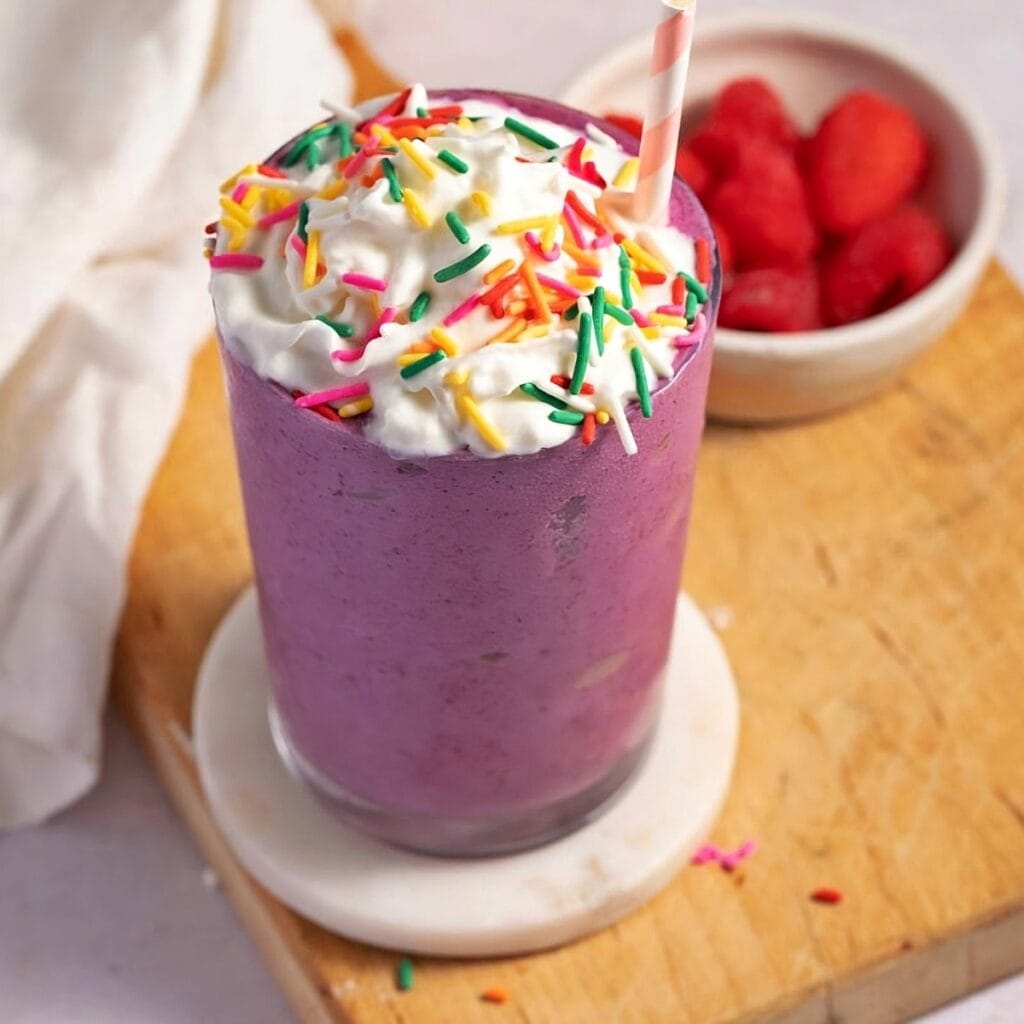 Homemade Purple Grimace Shake with Whipped Cream and Sprinkles plus Fresh Raspberries in a Bowl in the Background