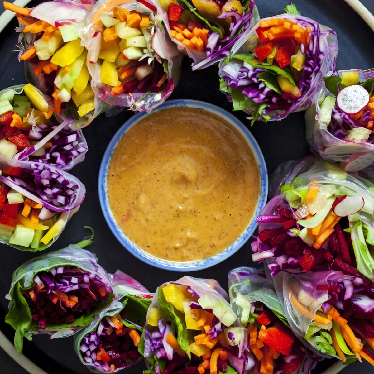 Healthy Thai Peanut Sauce and Asian Spring Rolls in a Plate
