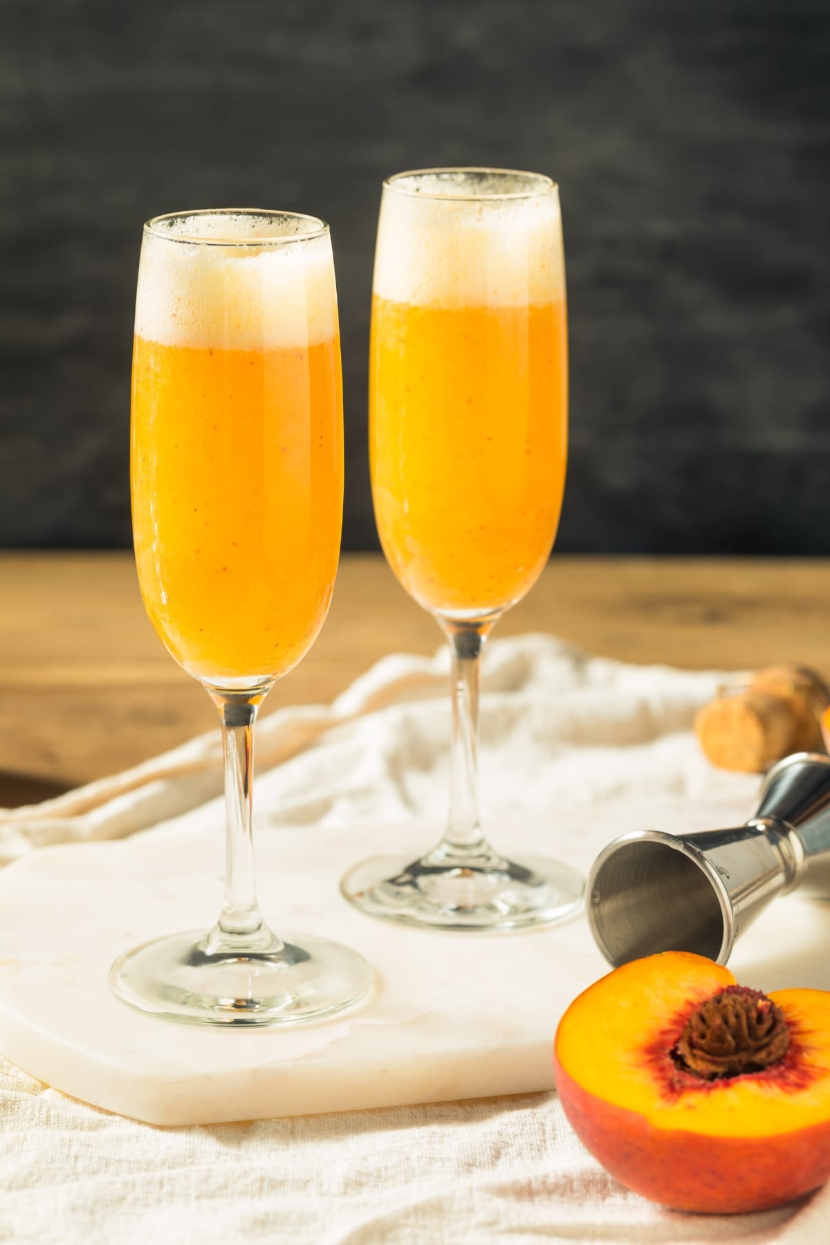 Two Glasses of Bellini Cocktail with Fresh Peach