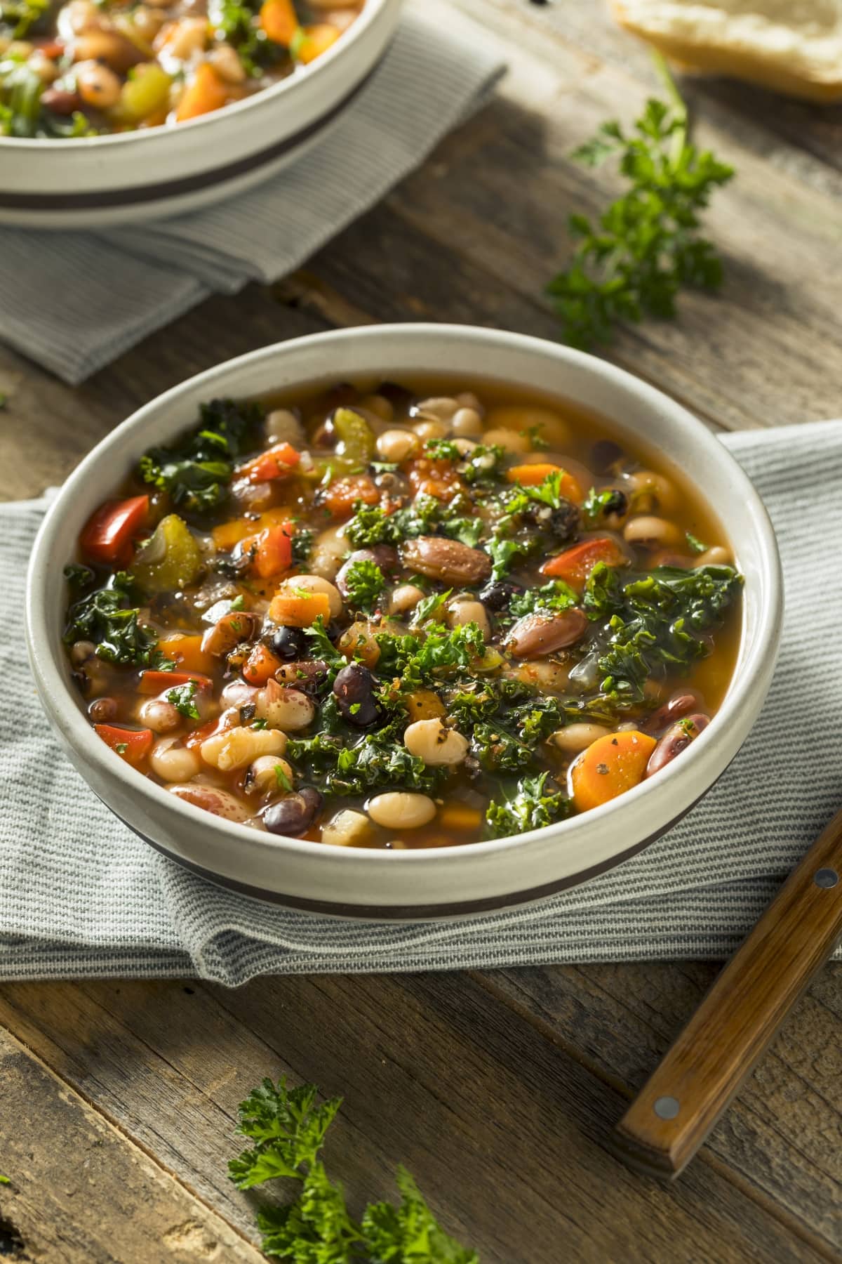 Bowl of Homemade Hearty and Healthy 10-Bean Soup with Vegetables