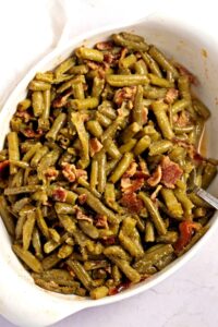 Crack Green Beans with Crispy Bacon in a White Casserole