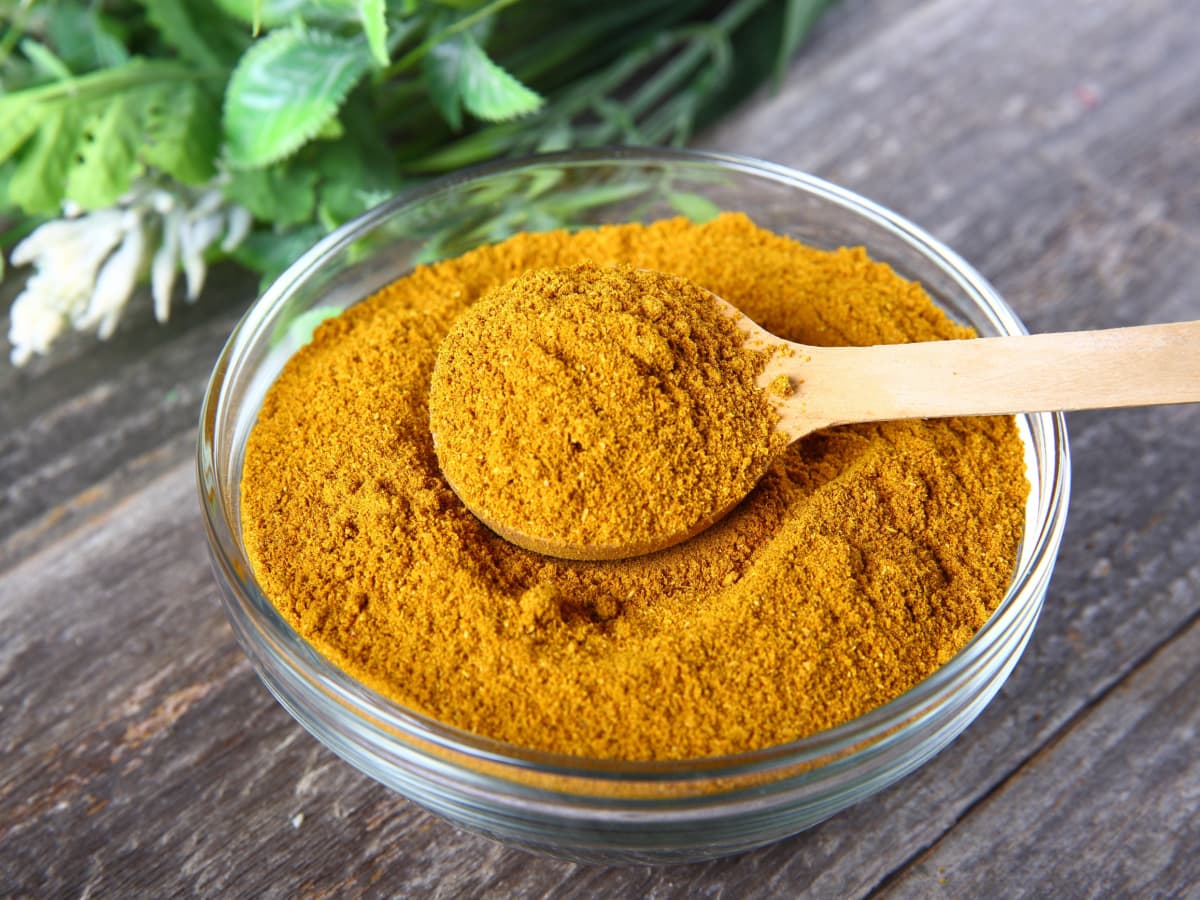 Curry Powder in a Glass Bowl with Wooden Spoon