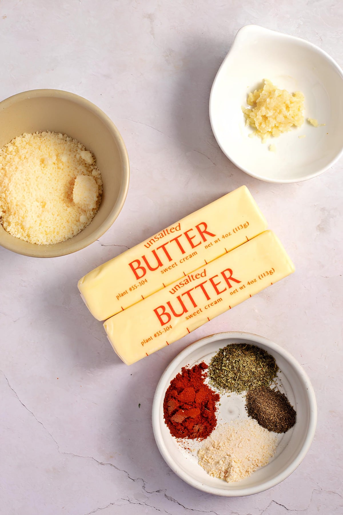 Garlic Butter Ingredients - Butter, Garlic, Parmesan Cheese, Seasonings and Spices