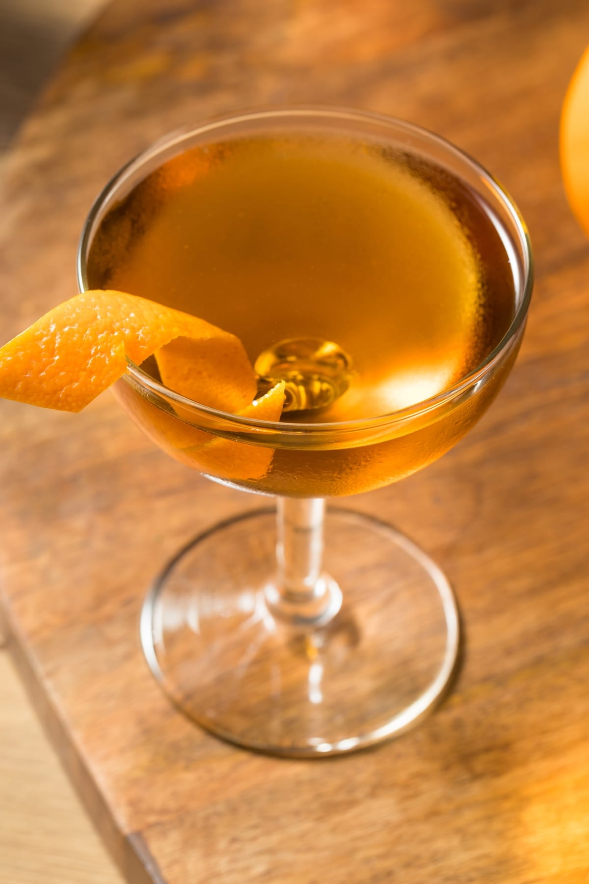 Glass of Hanky Panky Cocktail with Orange Peel