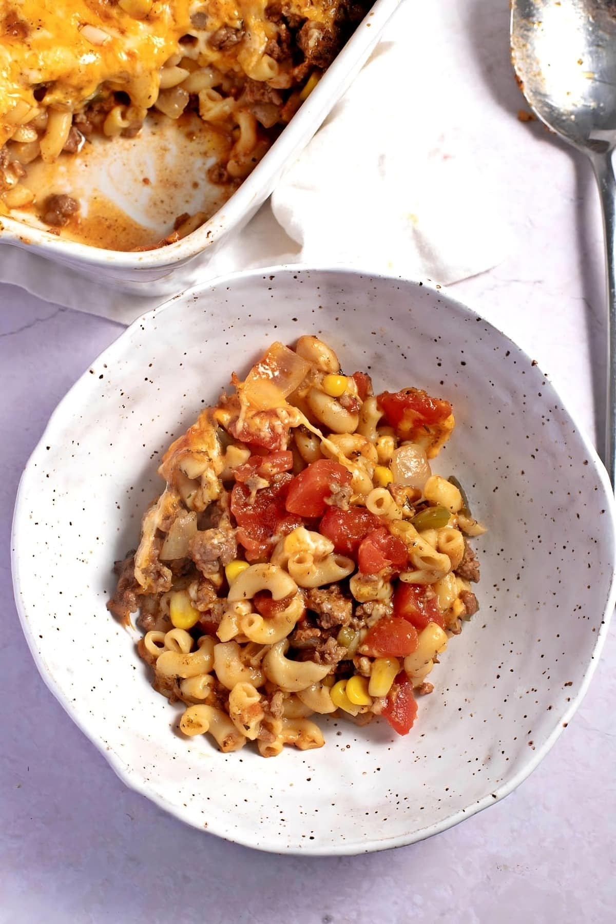 Homemade Cheeseburger Casserole with Ground Beef, Corn and Tomatoes