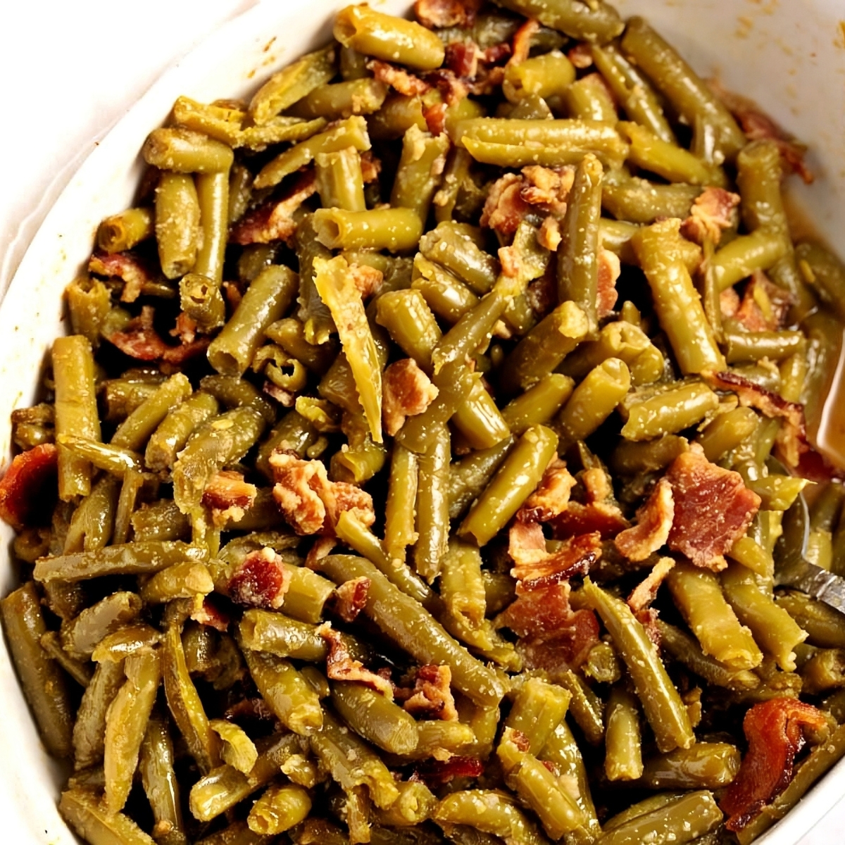 Closeup of Homemade Crack Green Beans with Bacon in a Baking Dish