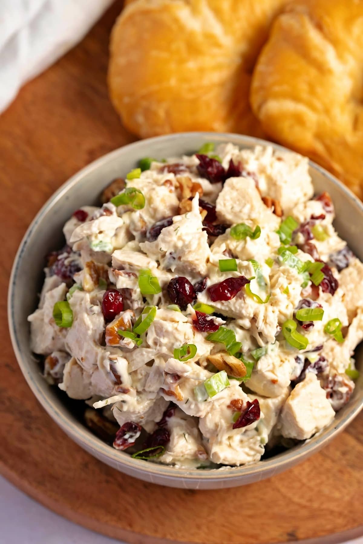 Bowl of salad with chicken, mayonnaise, green onions, dried cranberries, chopped pecans, lime juice, and dried dill weed.