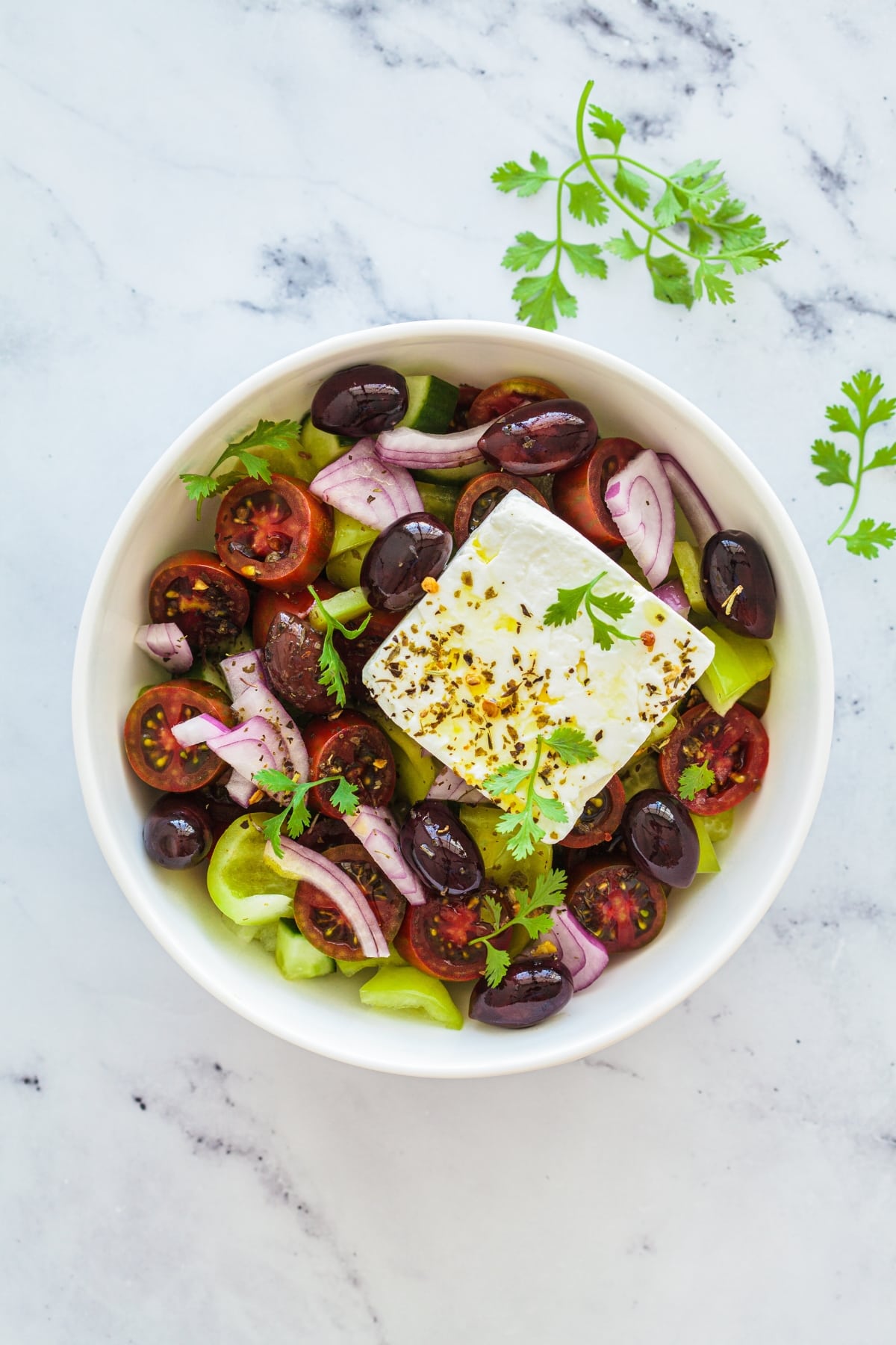Homemade Greek Salad with Kalamata Olives, Onions and Tomatoes