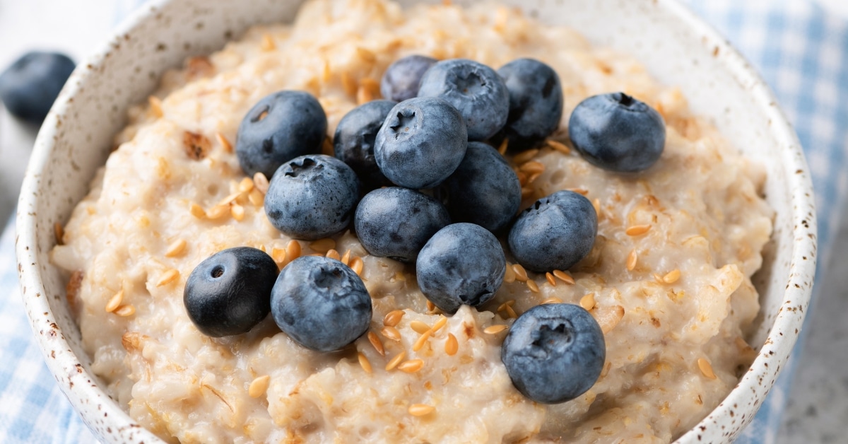 Scottish Oats in a Bowl with Fresh Blueberries and Flax Seed