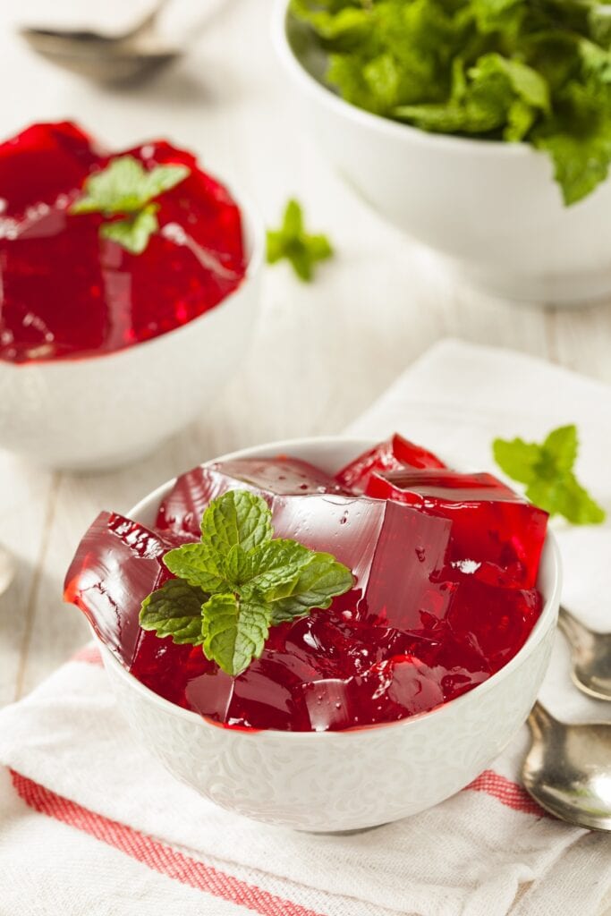 Homemade Red Cherry Jello in a White Bowl