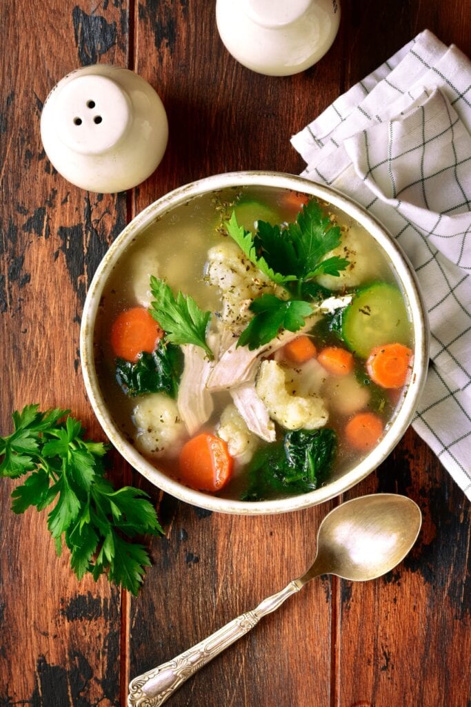 Homemade Vegetable Soup with Chicken, Carrots and Cauliflower