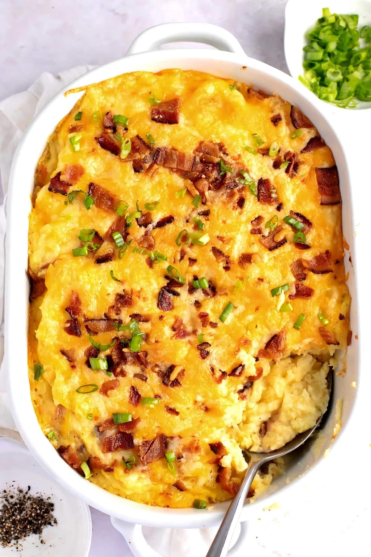 Homemade Loaded Mashed Potatoes with Green Onions, Bacon and Melted Cheese