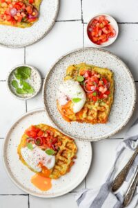 Homemade Savory Waffles with Tomatoes, Zucchini and Eggs