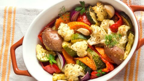 Roasted vegetables on a baking dish