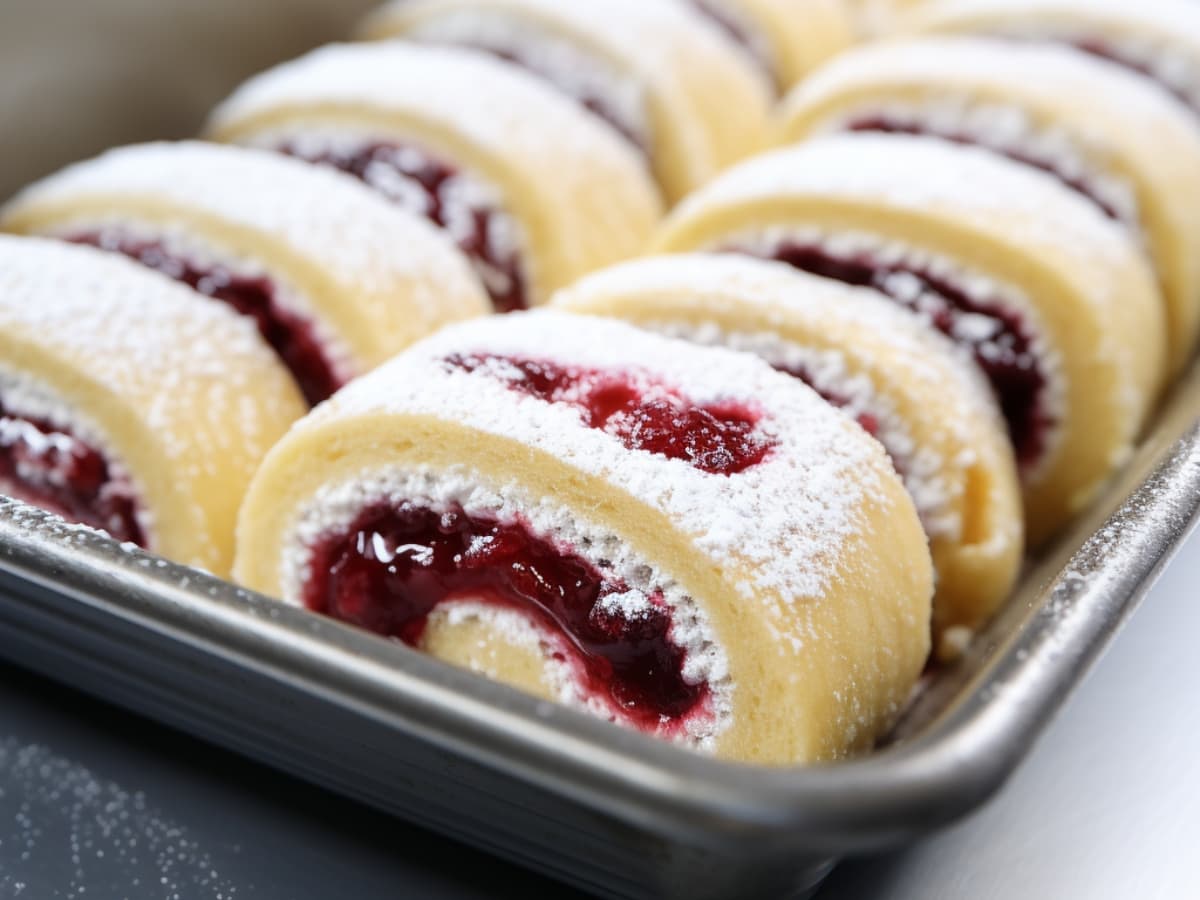 Jelly roll on a pan with filling dusted with powdered sugar on top. 