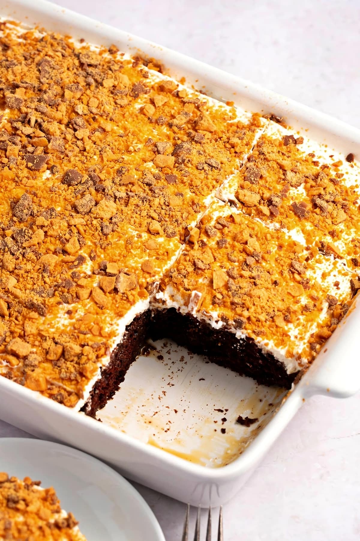 Sweet and Crunchy Holy Cow Cake in a White Casserole