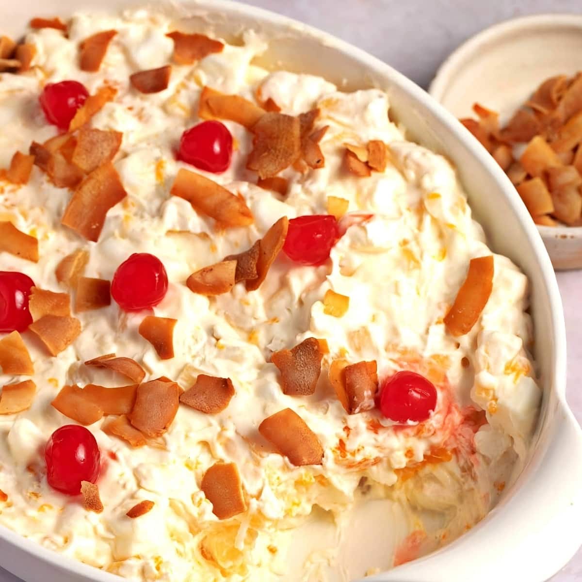 Sweet and Fluffy Pioneer Woman Ambrosia Salad in a White Casserole