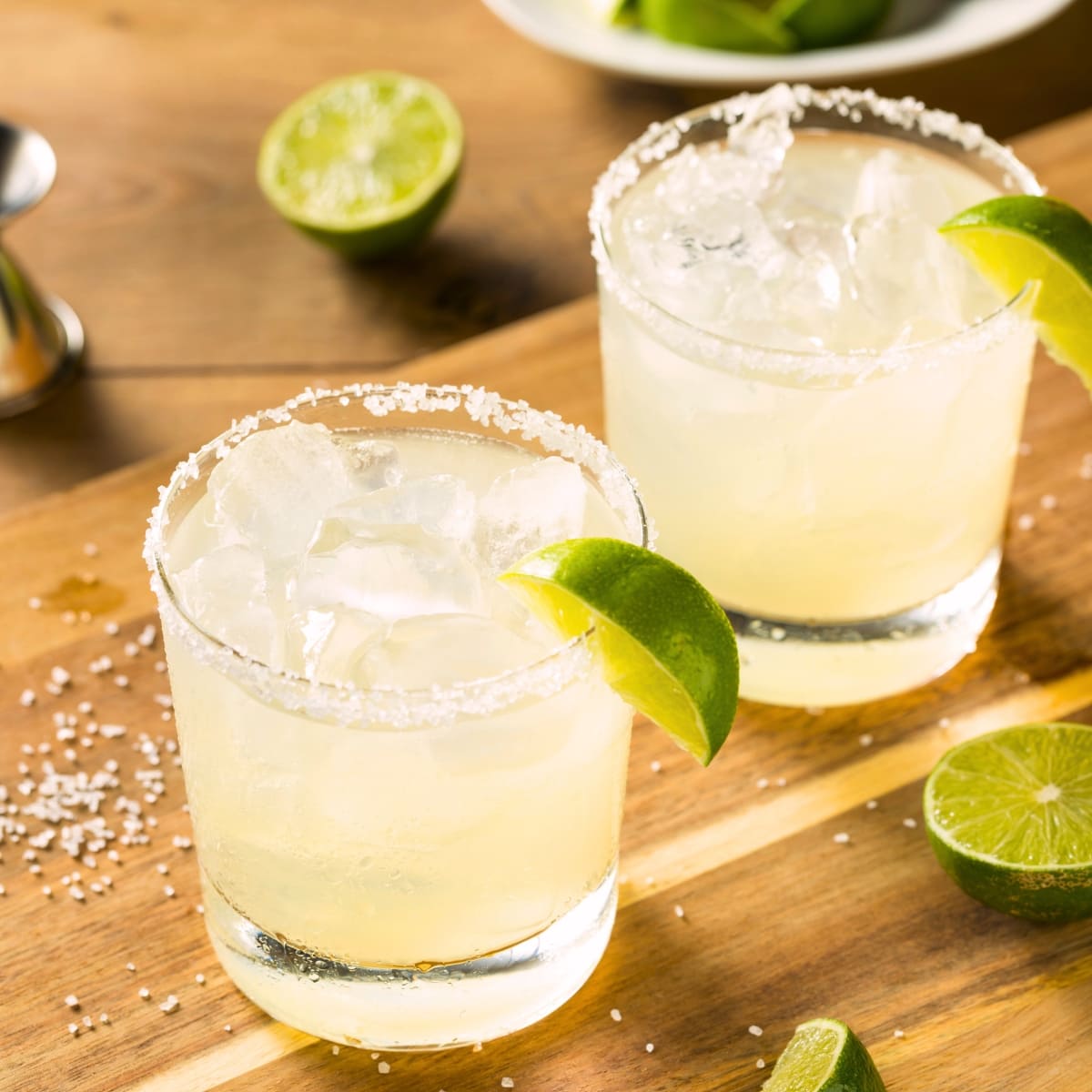 Two Boozy and Refreshing Margaritas on a table with lime wedges