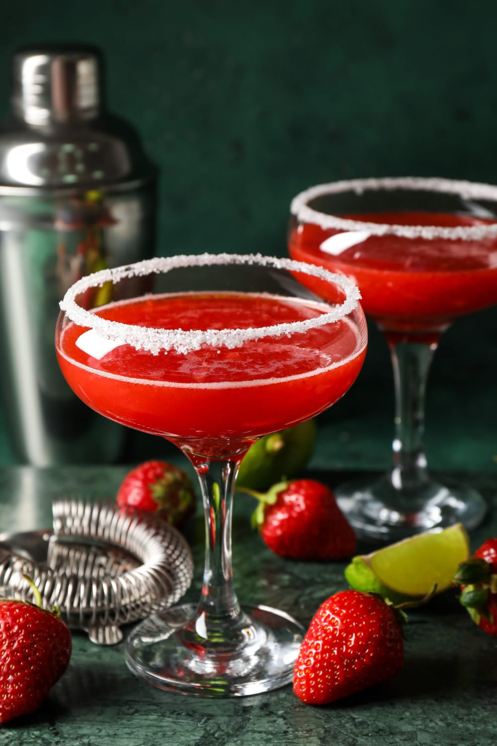Two Glasses of Strawberry Daiquiri Cocktail with Lime and Salt