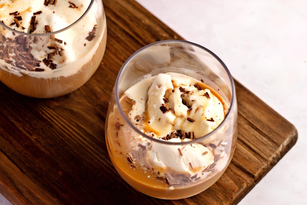 Affogato with Ice Cream Garnished with Shaved Dark Chocolate