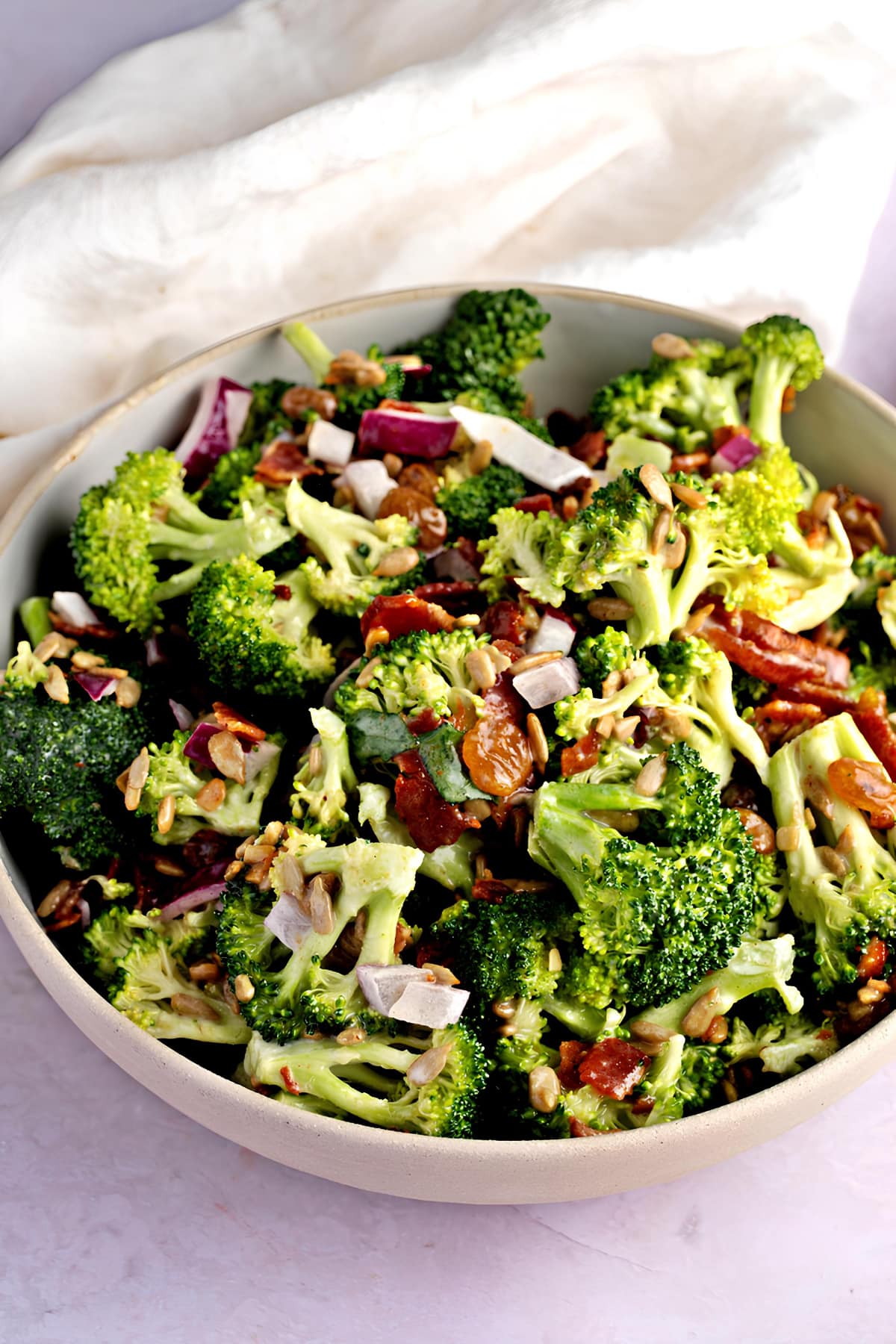 Bowl of Homemade Creamy Broccoli Salad with Bacon