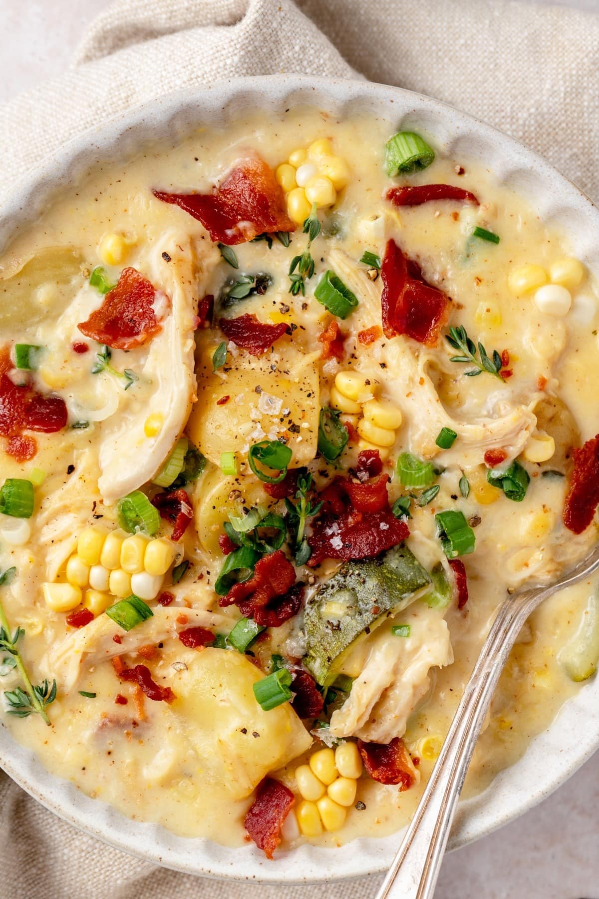 Top view of a bowl of Creamy Chicken Corn Chowder with Bacon