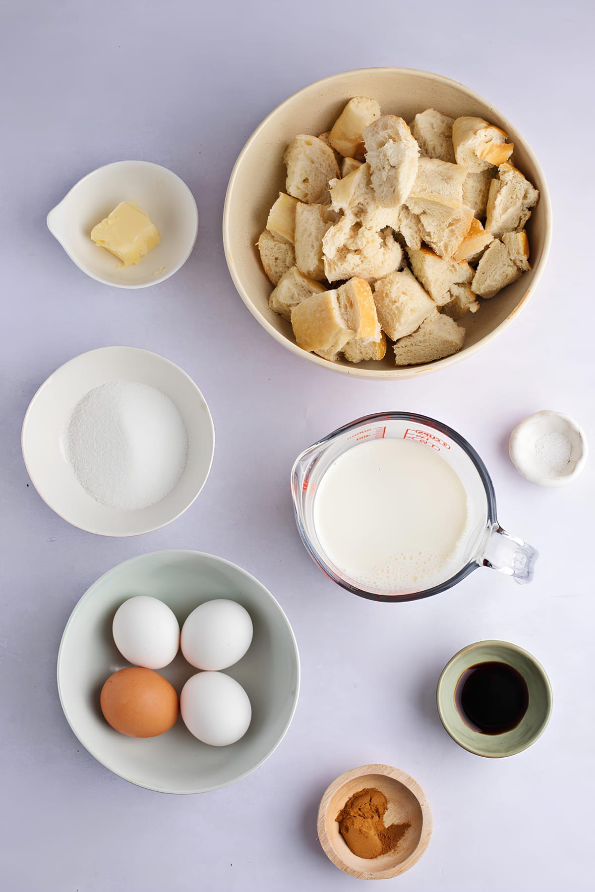 French Toast Casserole Ingredients - Bread, Eggs, Milk, White Sugar, Salt, Vanilla Extract, Margarine and Ground Cinnamon