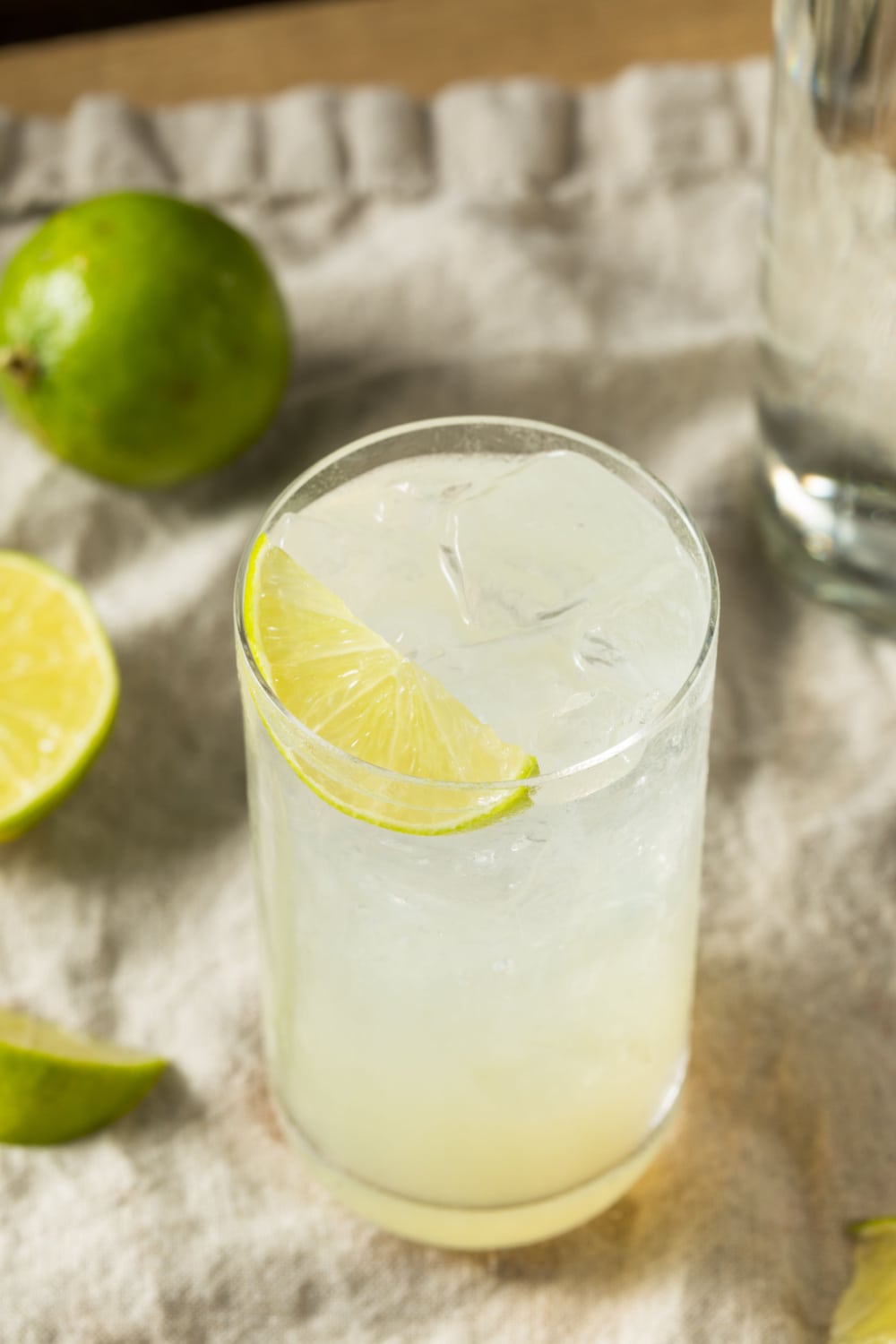 Top angle view of ice cold Gin Rickey Cocktail with a lemon wedge garnish
