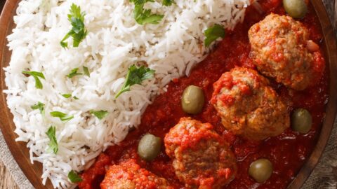 Greek Meatballs with Ground Beef, Tomato Sauce and Rice