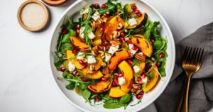 Fall Harvest salad with pomegranate arils, squash, pecans, apples, spinach, and goat cheese