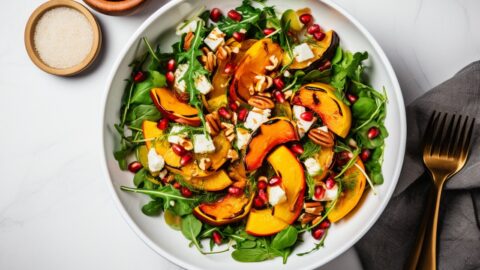 Fall Harvest salad with pomegranate arils, squash, pecans, apples, spinach, and goat cheese