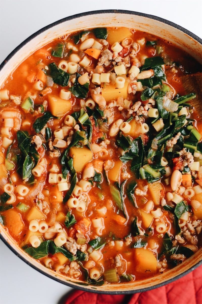 Bowl of Hearty Fall Minestrone Soup with Italian Sausage and Butternut Squash