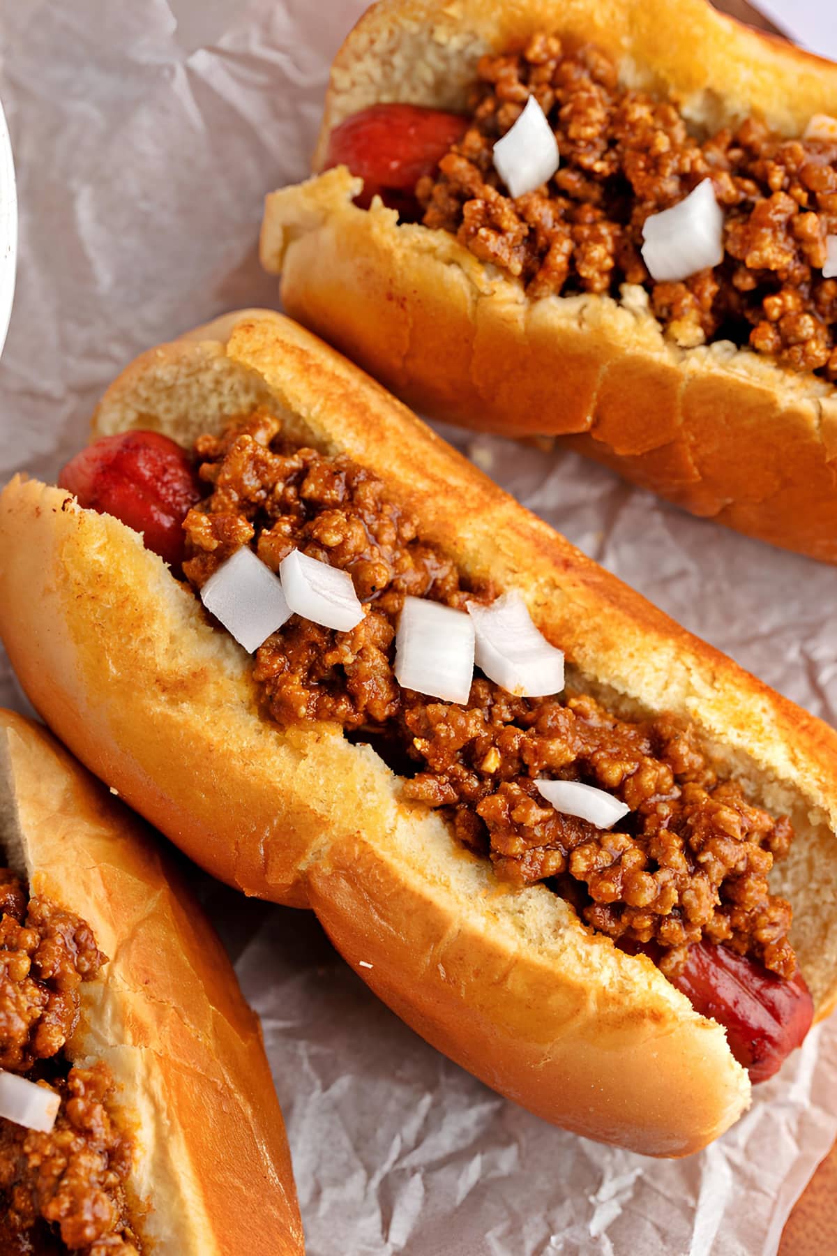 Homemade Hot Dog Chili Sandwich with Ground Beef and Radish