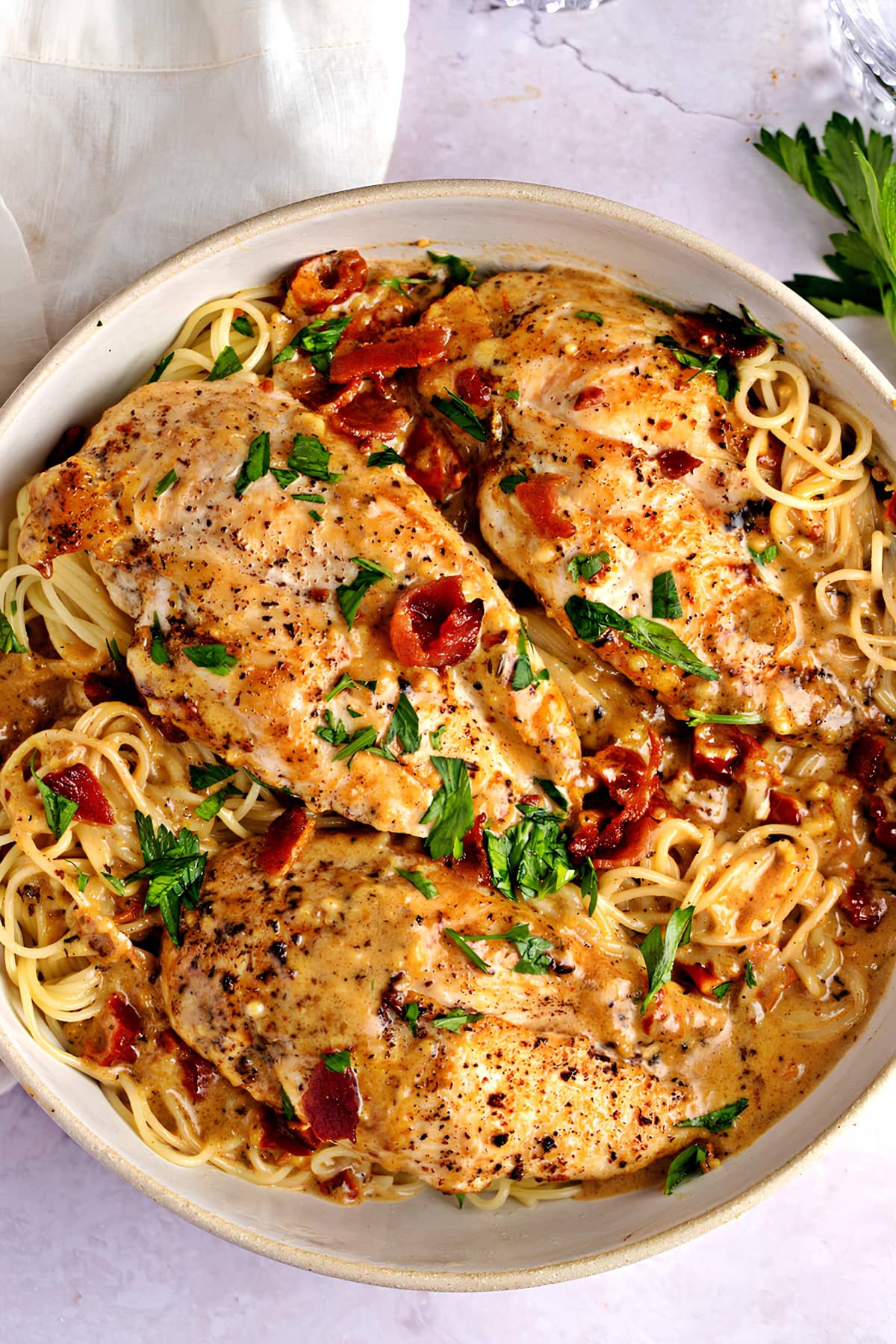 Homemade Scrumptious Marry Me Chicken with Bacon and Angel Hair Pasta